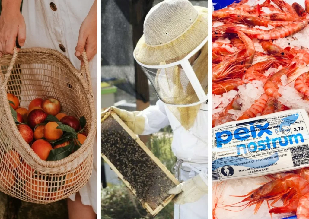 Fresh local seafood with Peix Nostrum seal organic Ibiza honey and organic vegetables
