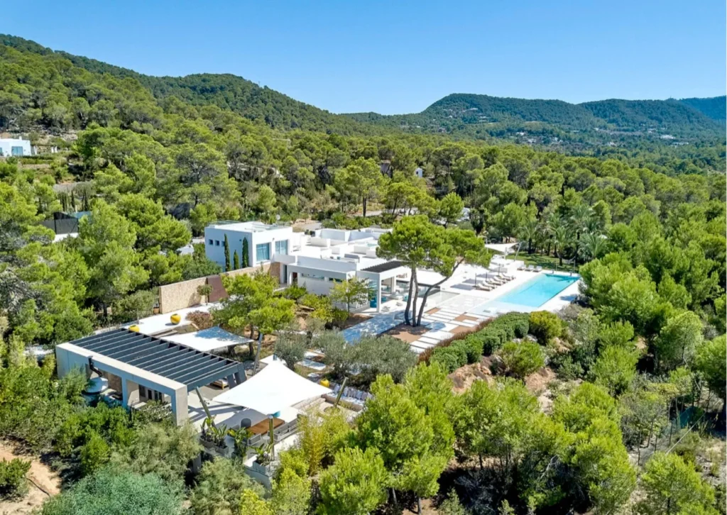 Aerial view of a luxury villa in Ibiza surrounded by nature
