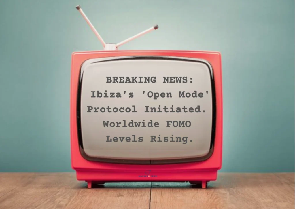 Breaking news infographic for Ibiza Opening Season: global FOMO levels and luxury travel protocol.
