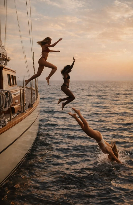 a group of friends celebrating the Ibiza Luxury Opening Season by jumping from a private yacht nto the turquiose Mediterranean waters