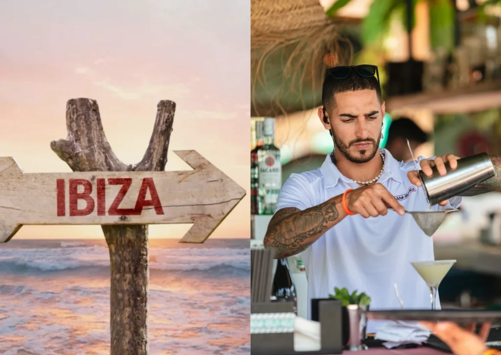 Professional mixologist preparing cocktails at a luxury beach club in Ibiza