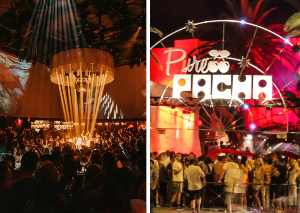 Dancefloor scenes at Chinois Ibiza, and Pacha showcasing refined nightlife
