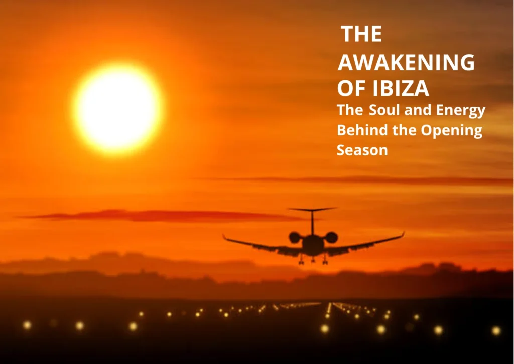 Private jet landing at Ibiza airport during sunset for the opening season
