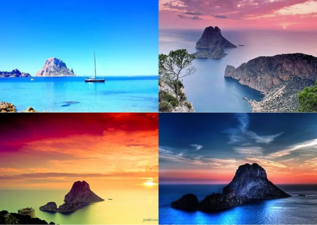 Four views of Es Vedrà showing the dramatic change in light and color tones from dawn to dusk on Ibiza’s most iconic rock.