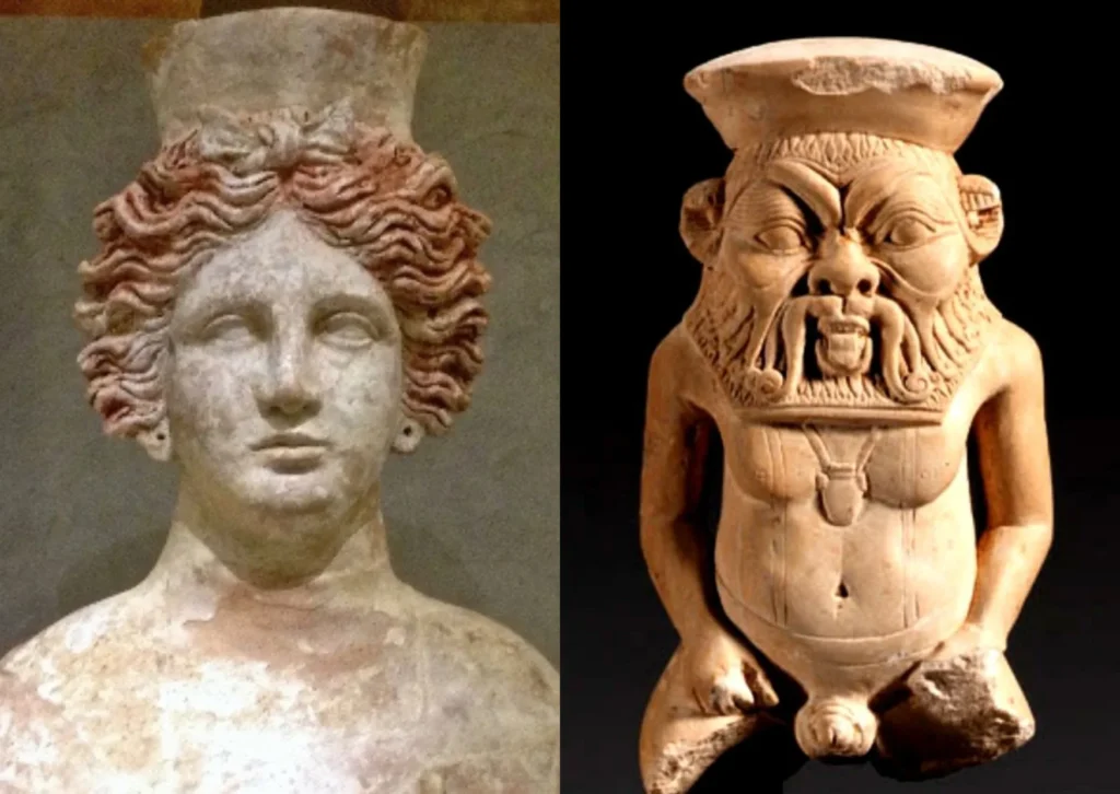 Symbolic imagery of Goddess Tanit and God Bes, the ancient Phoenician protectors of Ibiza’s households and fertility.
