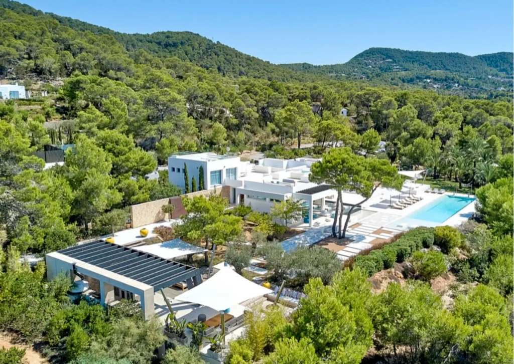 Aerial view of the exclusive luxury villa Be Water in Sant Josep, Cala Tarida, by Houses in Ibiza