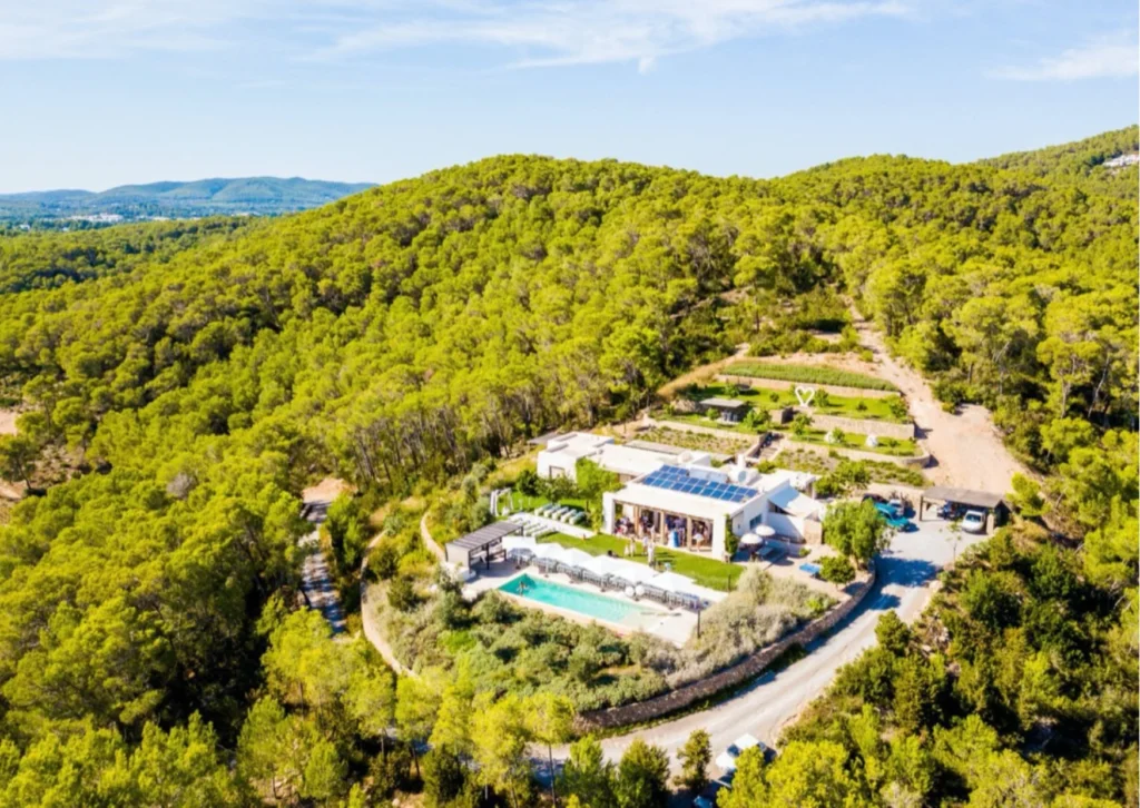 Aerial view of Bohemia Hill luxury finca surrounded by green pine forests and private pool in Ibiza

