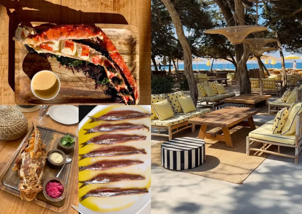 Collage featuring high-end Mediterranean gastronomy and the exclusive Jacquemus design terrace at Casa Jondal Ibiza