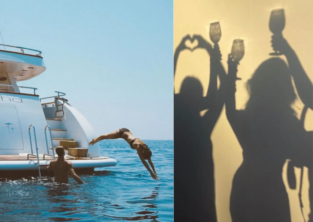 Collage showing friends jumping from a yacht and a golden sunset toast during an exclusive Ibiza boat day
