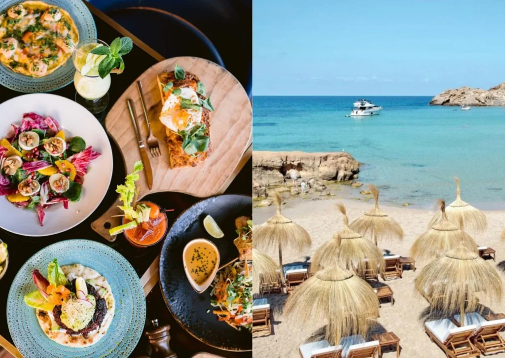  Collage featuring gourmet summer dishes and a serene turquoise cove in Ibiza
