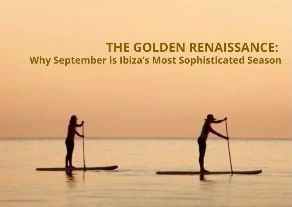 Two women paddle boarding during a golden sunset in the calm Mediterranean waters of Ibiza