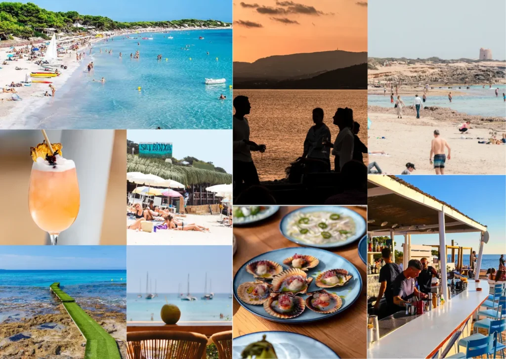 Traditional chiringuitos and lively atmosphere along the shores of Ses Salines and Es Cavallet