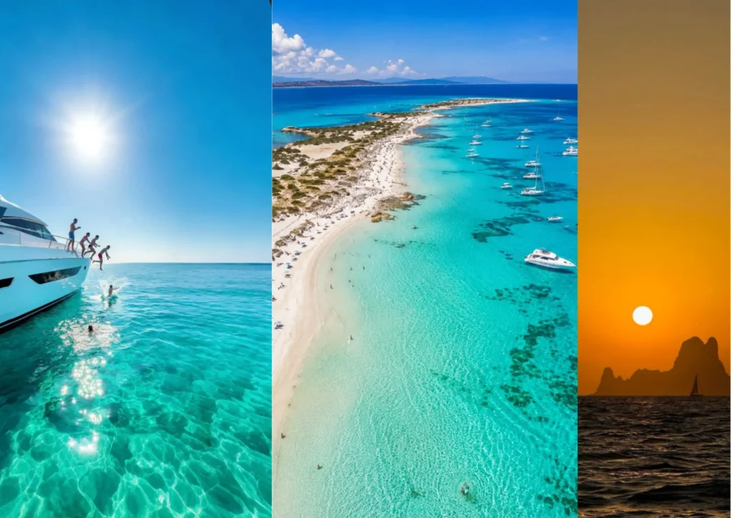 Crystal clear turquoise waters of Formentera for a luxury yacht day trip during Ibiza closing week.
