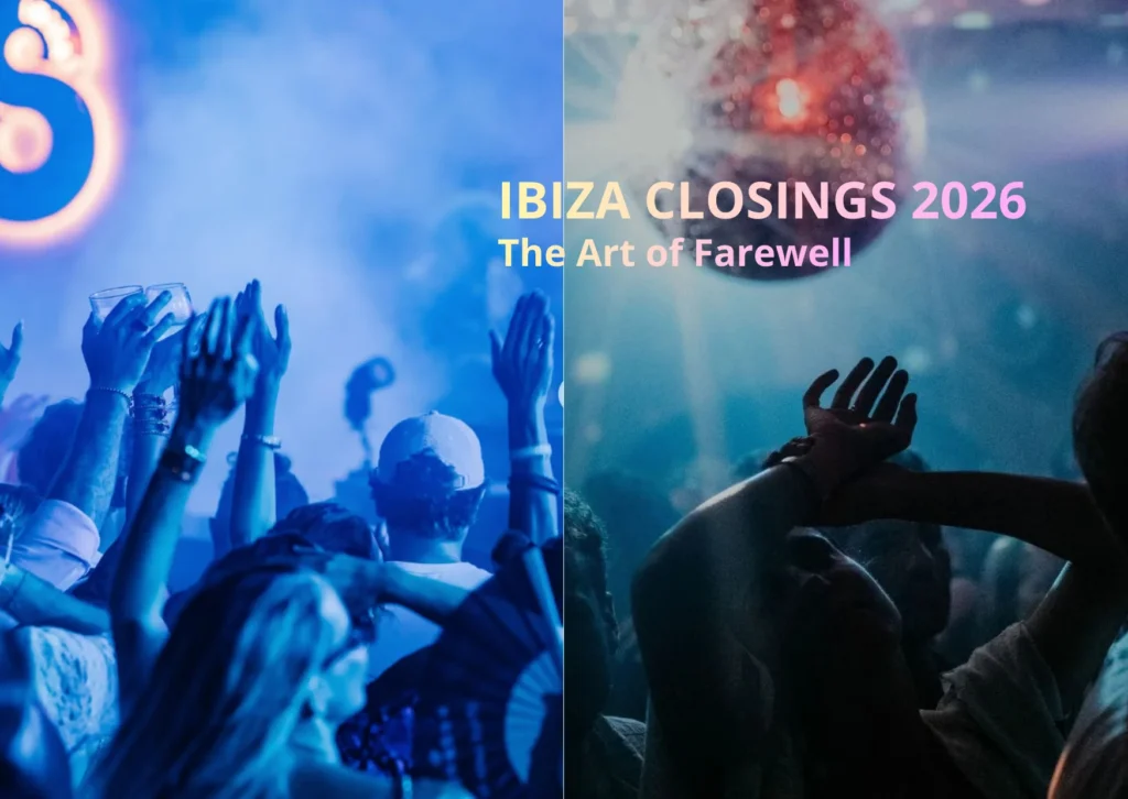 Ibiza Closing Parties 2026 luxury guide cover showing crowd dancing at night in a Balearic club.