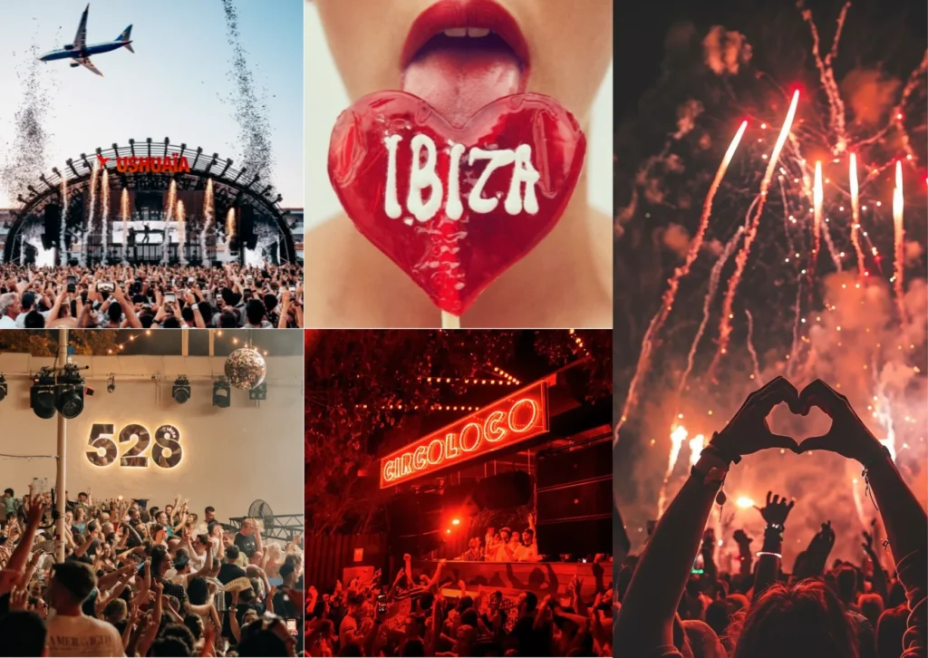 Atmosphere and energy at famous Ibiza closing venues including DC-10, Hï Ibiza, and Pacha.