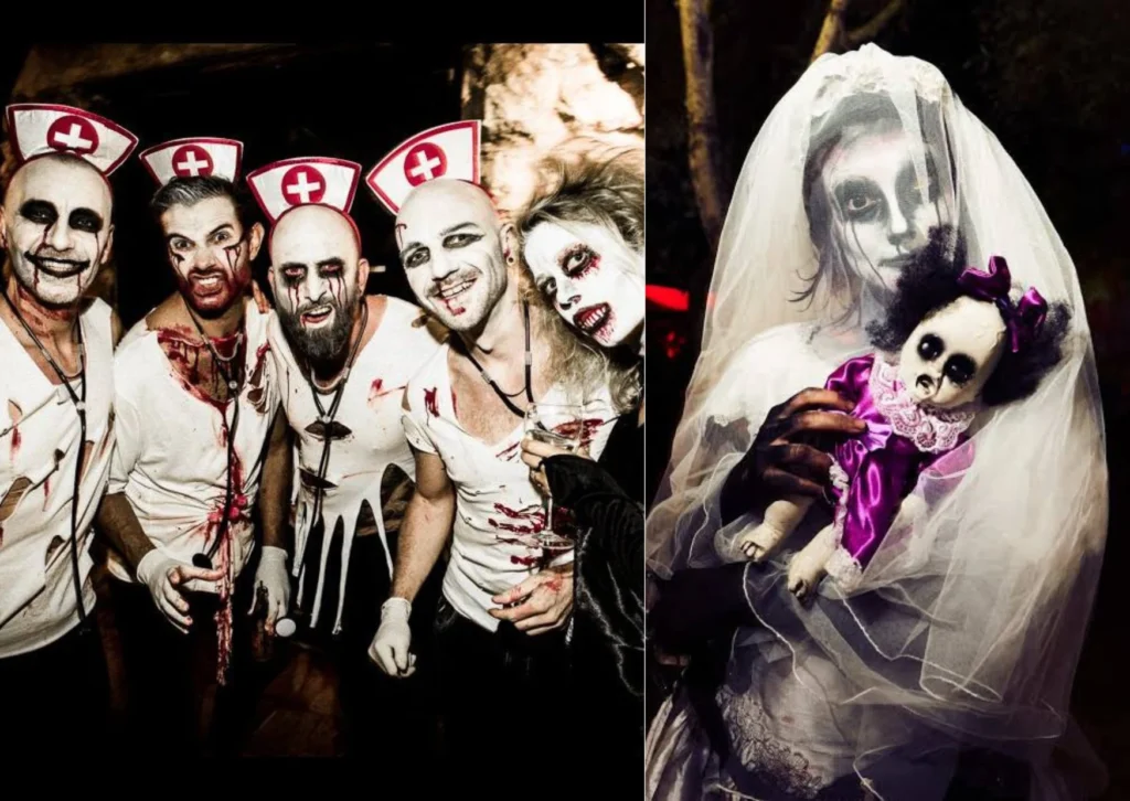 Guests attending a private Halloween gathering in Ibiza, enjoying the island's mysterious nocturnal atmosphere.