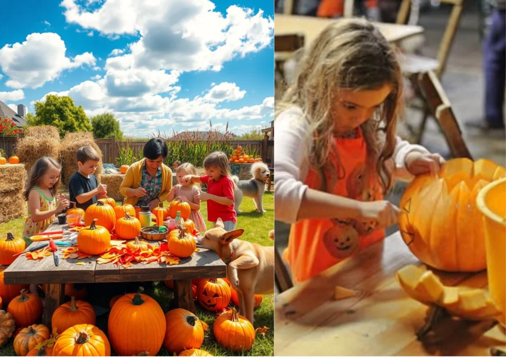 Children carving and decorating organic pumpkins during a botanical family workshop at Ibiza BioParc.