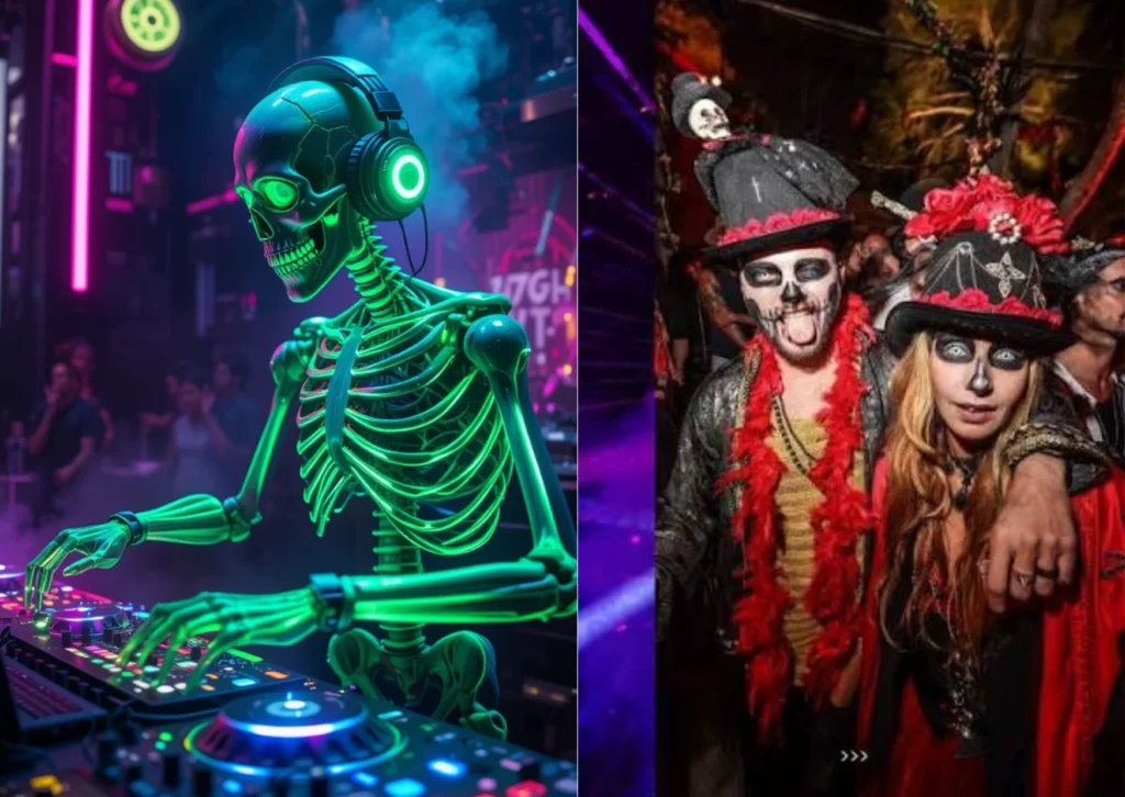 Halloween celebration in an exclusive Ibiza club featuring a live DJ set and guests wearing avant-garde costumes.