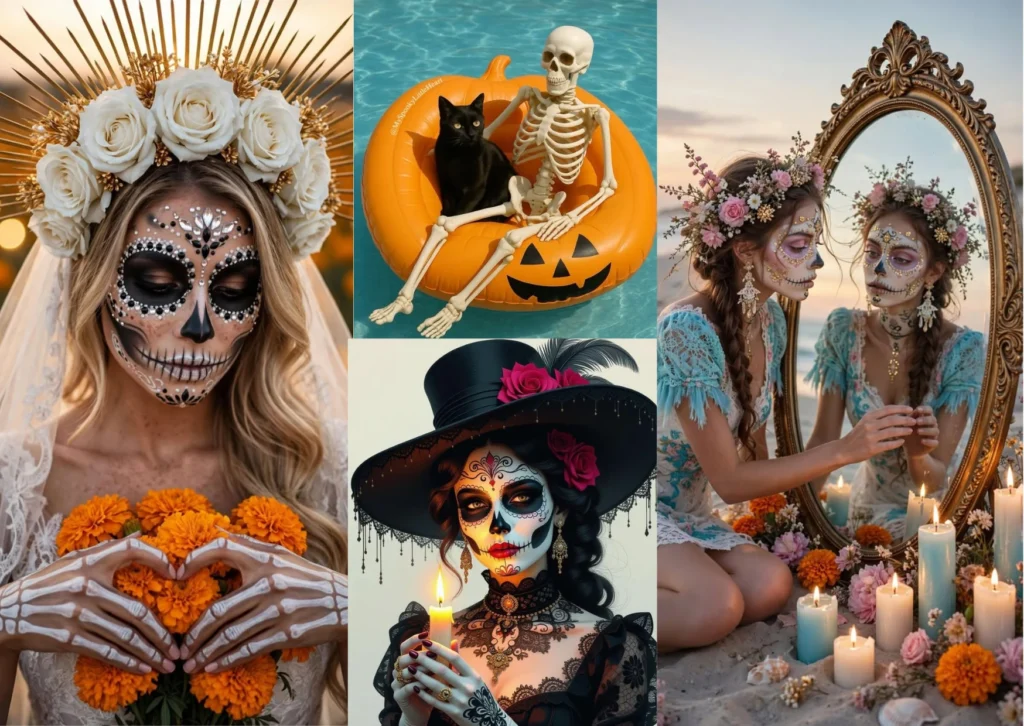 Inspirational Halloween collage showcasing nocturnal events and Mediterranean coastal halloween in Ibiza.